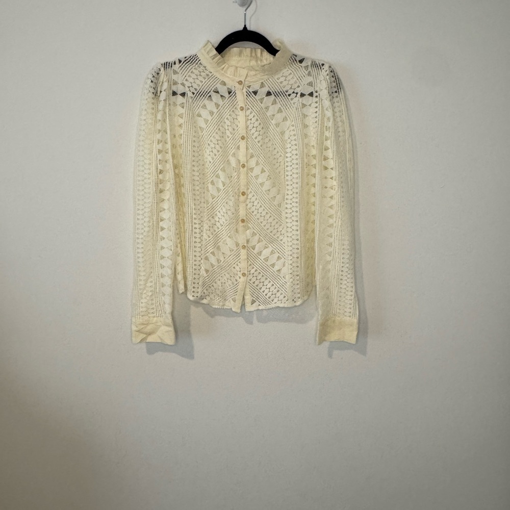 Anthropologie Ivory Lace Button Front Blouse Ruffle Neck Long Sleeve Size 14
